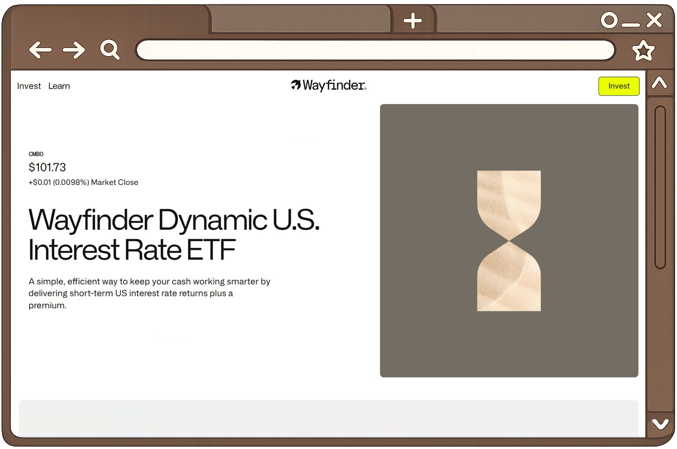 Screenshot of a financial website called Wayfinder displaying information about the 'Wayfinder Dynamic U.S. Interest Rate ETF' with a price of $101.73, a small upward market change, and a gray background with an hourglass icon.