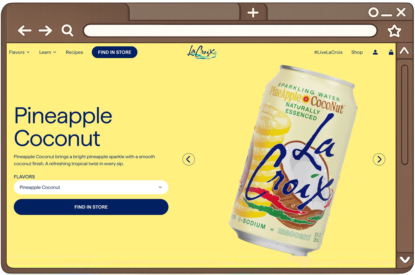 Screenshot of LaCroix's website featuring Pineapple Coconut sparkling water can on a yellow background, with navigation menu and LaCroix logo.