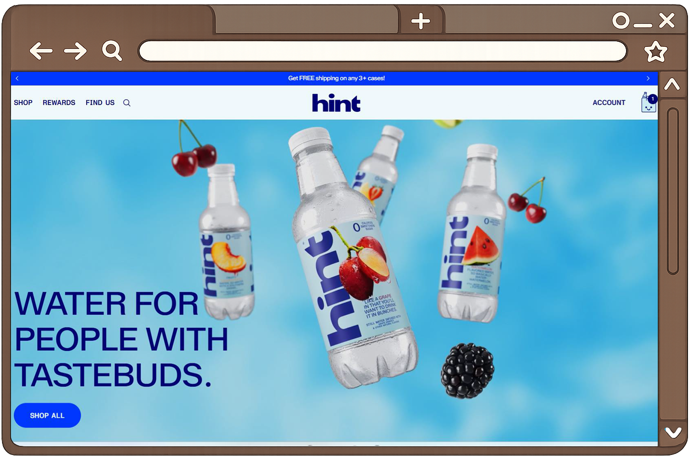 Screenshot of hint bottled water website with bottles featuring fruit flavors, cherries, cherries, blackberries, and watermelon, against a blue background, with promotional text and a shop button.