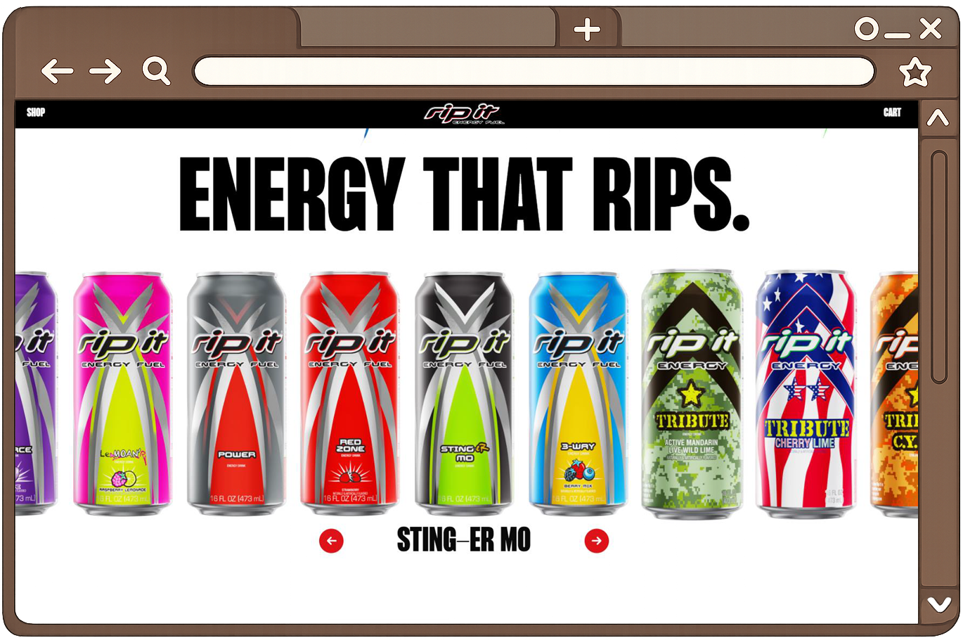 A row of colorful energy drinks with the slogan 'Energy that Rips' in bold black letters above them. The drinks feature vibrant designs in purple, pink, gray, red, black, blue, green, and orange.