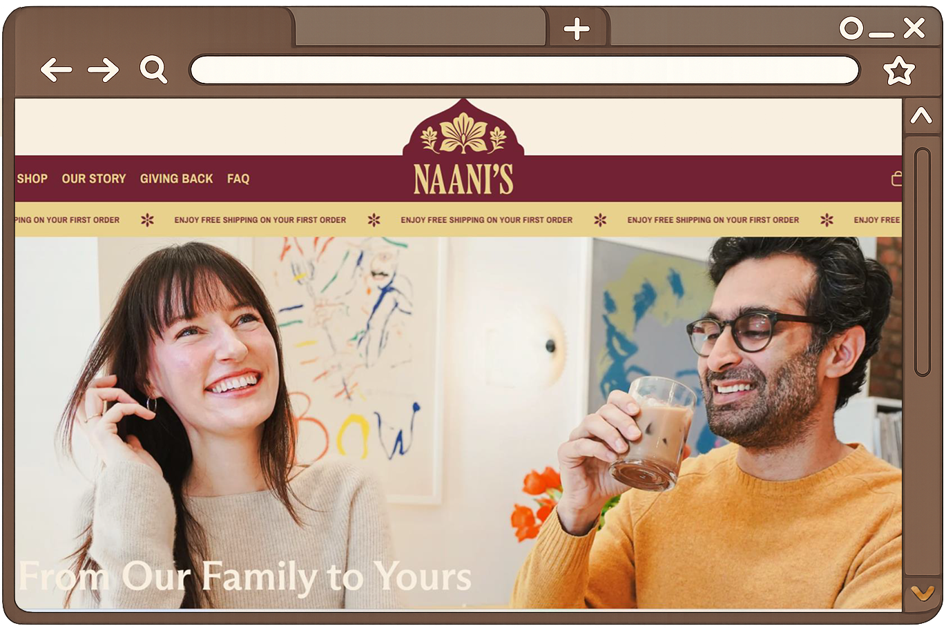 A smiling woman with shoulder-length brown hair and a man with glasses and dark hair enjoying coffee together if in a cozy indoor setting.