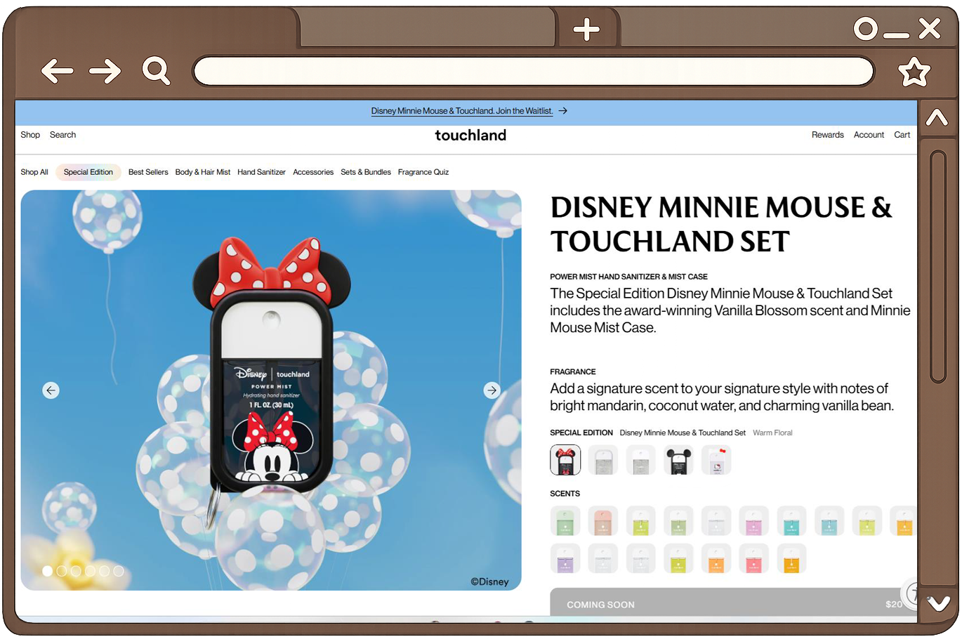 Disney Minnie Mouse & Touchland set displayed on a computer screen, featuring a portable hand sanitizer with Minnie Mouse design and red polka-dot bow, surrounded by blue and white balloons.