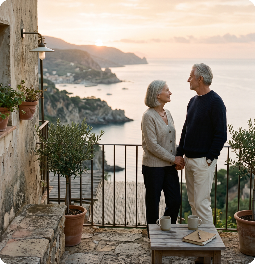 An elderly couple holding hands on a balcony overlooking the ocean at sunset, with potted plants and a small table with two coffee mugs and a notebook, enjoying their retirement.