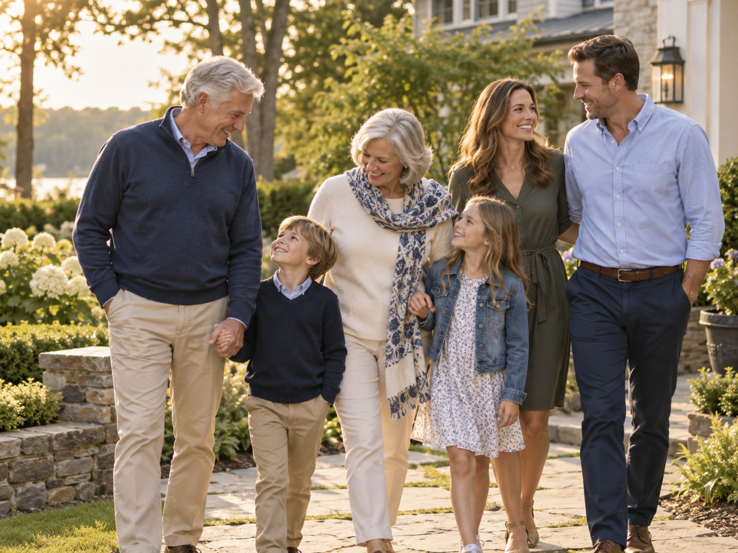 A family of six walking outdoors in the late afternoon with sunlight, trees, and a house in the background. They are smiling and holding hands.