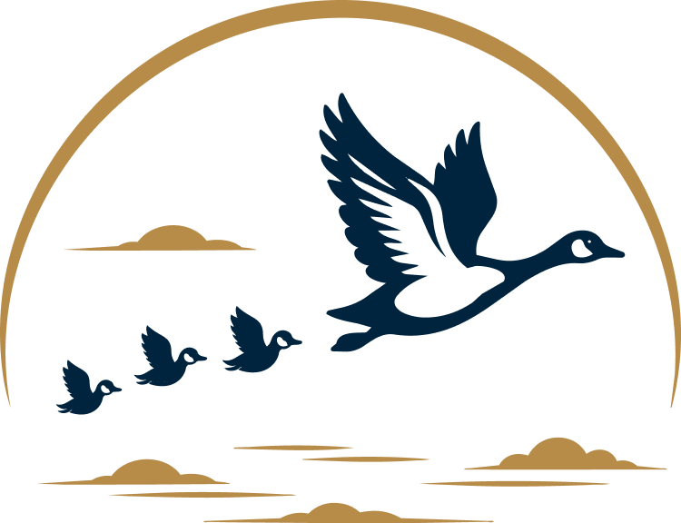 A stylized logo of a flying goose with four goslings following behind, set against a clear sky with a semi-circular gold border and gold clouds, representing financial guidance leading to financial progress and maturity.