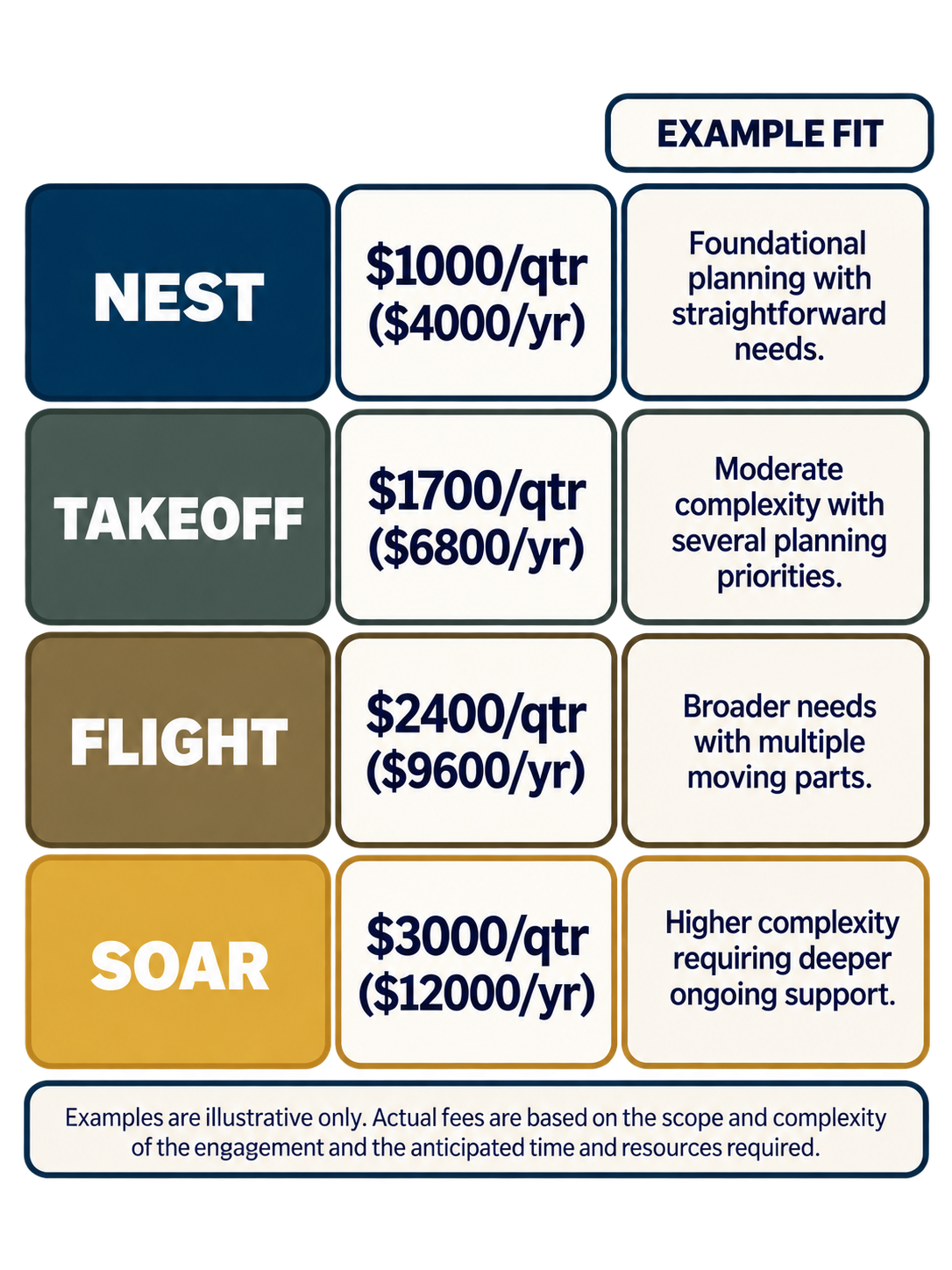 A chart comparing project engagement levels with costs and descriptions, including NEST, TAKEOFF, FLIGHT, and SOAR, with increasing complexity and fees.