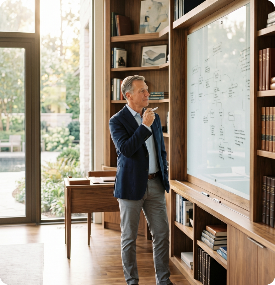 A middle-aged male financial advisor in a blue blazer and gray pants standing in front of a whiteboard with diagrams, creating and examining a financial plan, in a room with wooden bookshelves filled with books and a large window.