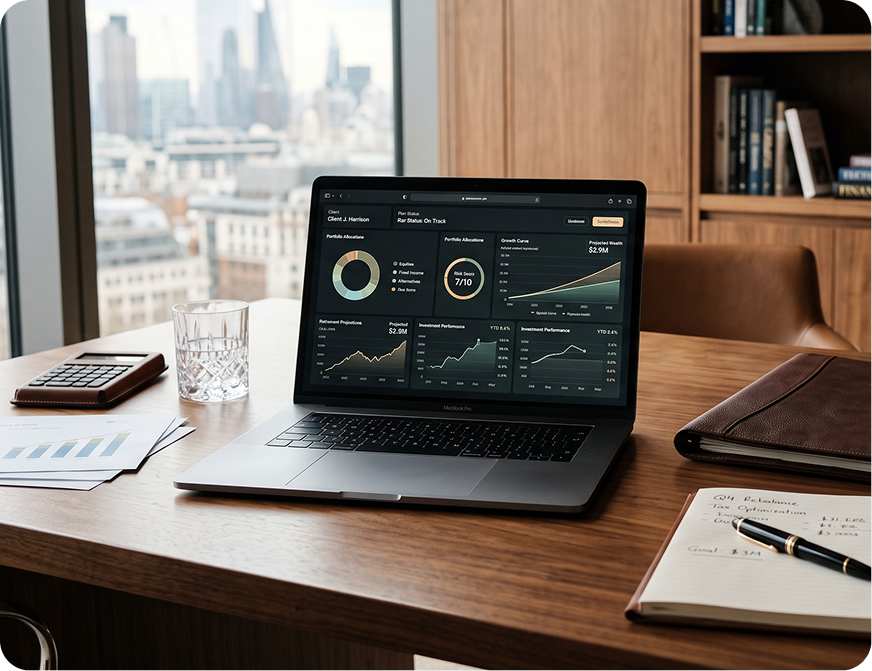 Office desk with a laptop displaying financial data charts, a glass of water, calculator, financial documents, a pen, and a brown notebook, with a city skyline view through large windows in the background.