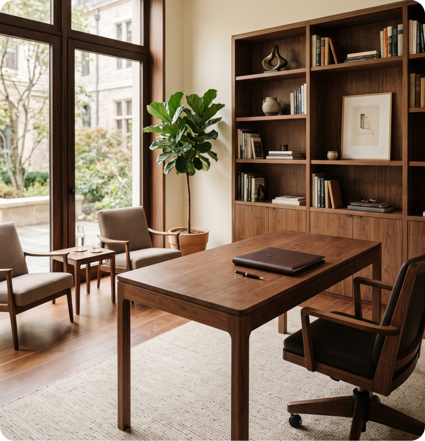 A professional financial planning office with wooden furniture, a large window overlooking a garden, a tall potted plant, a wooden desk with a black leather folder and pen, and a bookshelf with decorative items and books.