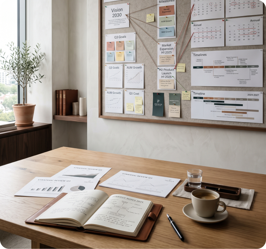 Office desk with financial reports, a notebook, a pen, a cup of coffee, a glass of water, and a saucer. In the background, a corkboard with charts, schedules, and sticky notes, near a window with a potted plant.