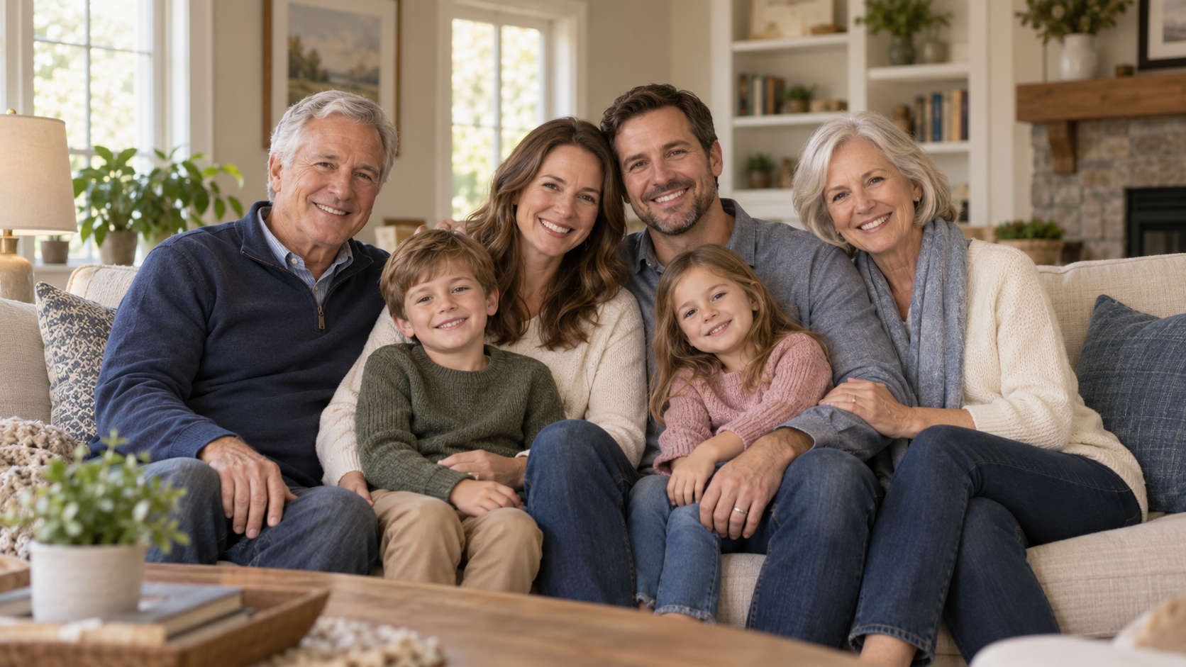 Happy multigenerational family sitting together on a sofa in a cozy living room, smiling at the camera.