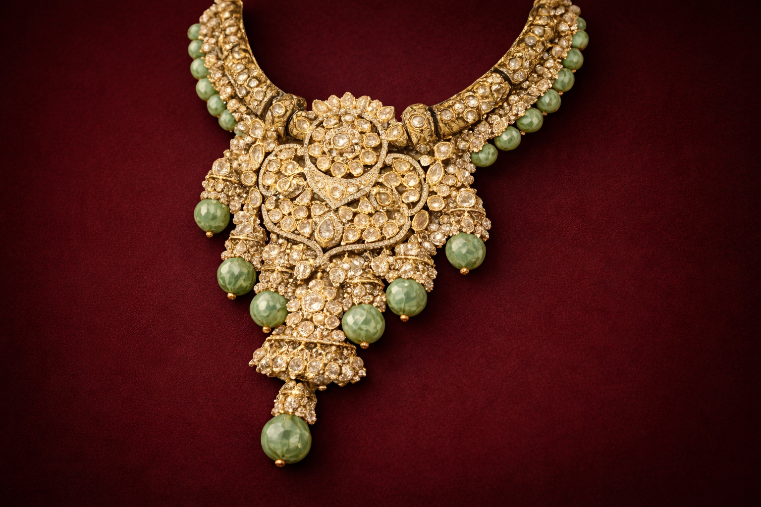 A rich interplay of kundan and aged gold, softened by the subtle calm of sage green beads.