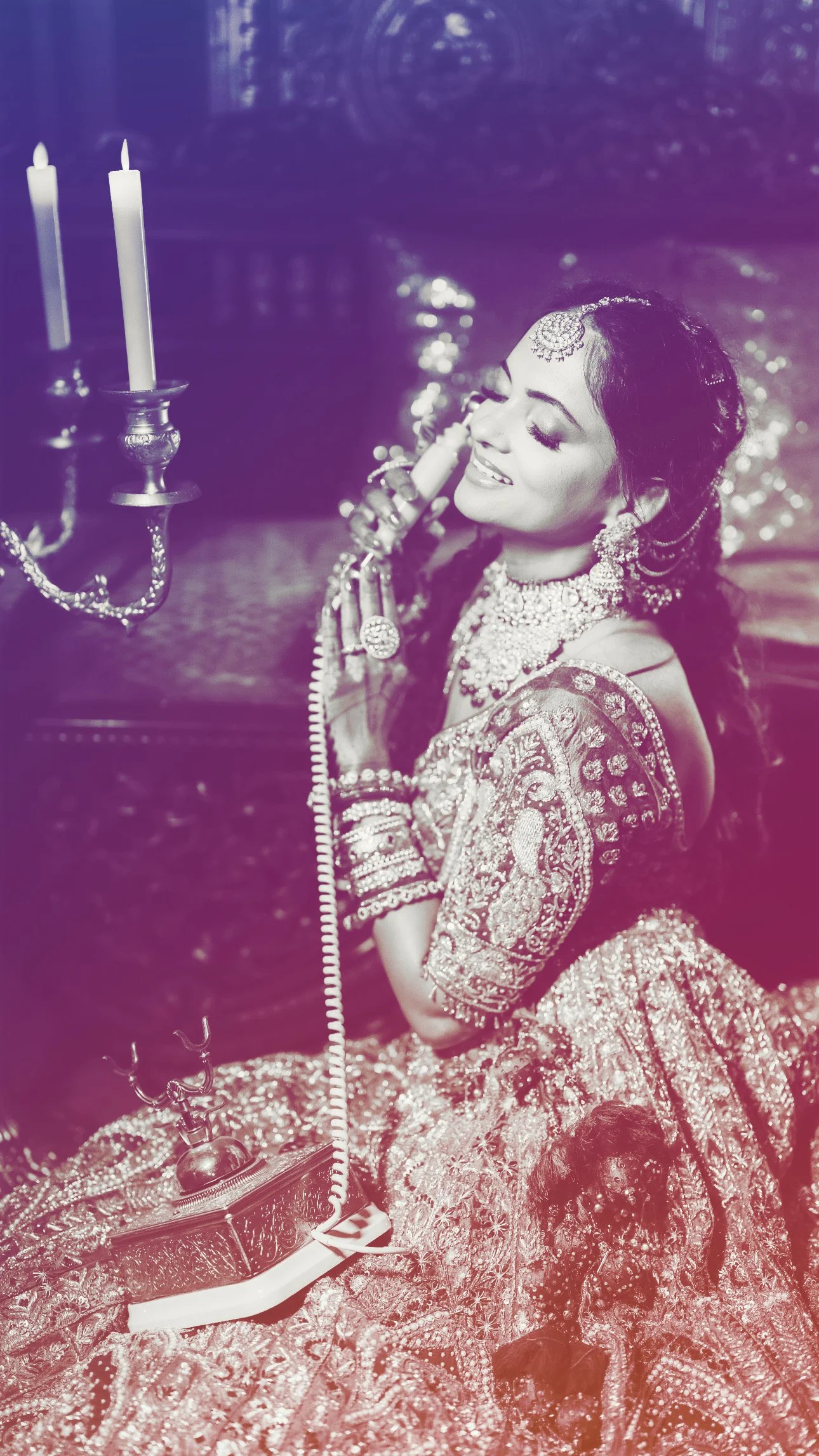 Indian bride in editorial bridal look wearing polki and kundan jewelry set styled for wedding and reception.