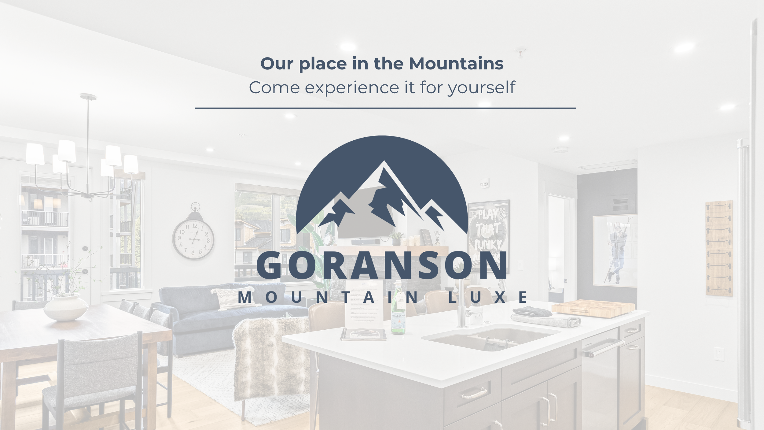 Logo of Goranson Mountain Luxe with a mountain graphic and text, overlaid on a bright, modern living room interior.