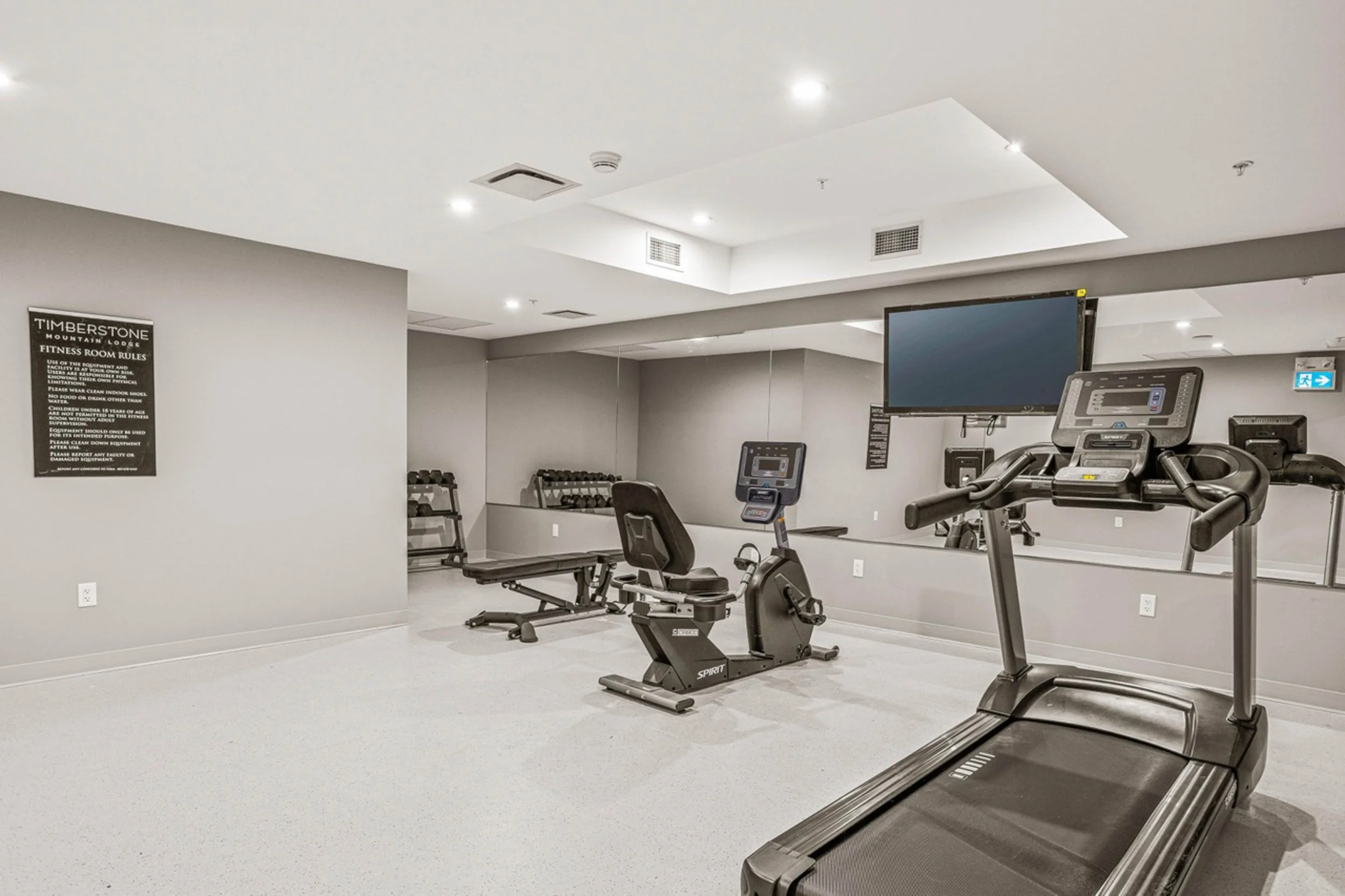 A modern gym with exercise equipment including a treadmill, stationary bike, weight bench, dumbbells, and a large wall-mounted screen in a well-lit space.