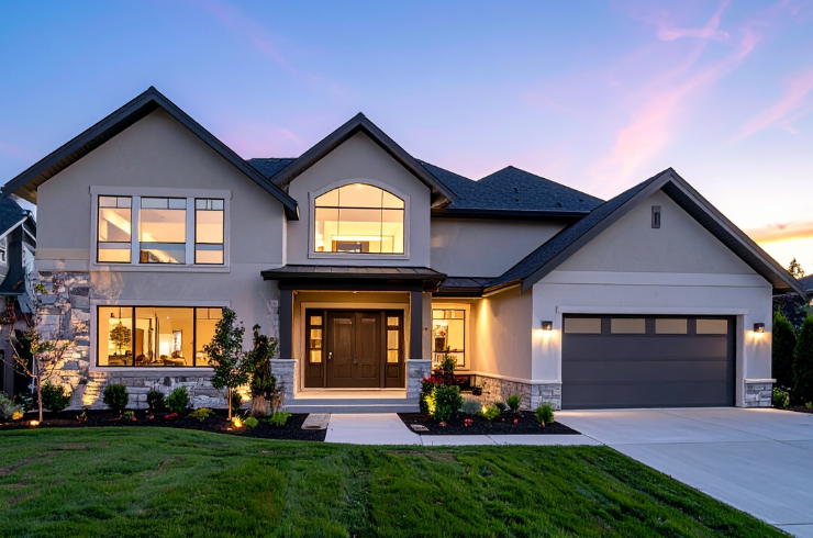 Modern two-story house with a front yard, manicured lawn, and illuminated windows at dusk.