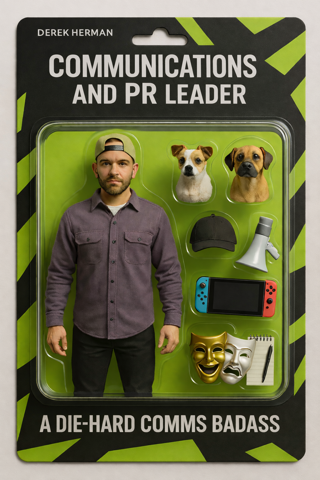 A package titled 'Communications and PR Leader' featuring a man, Derek Herman, with a cap, two dog heads, a black cap, a megaphone, a Nintendo Switch, comedy and tragedy masks, and a notepad with a pen, with the subtitle 'A Die-Hard Comms Badass'.