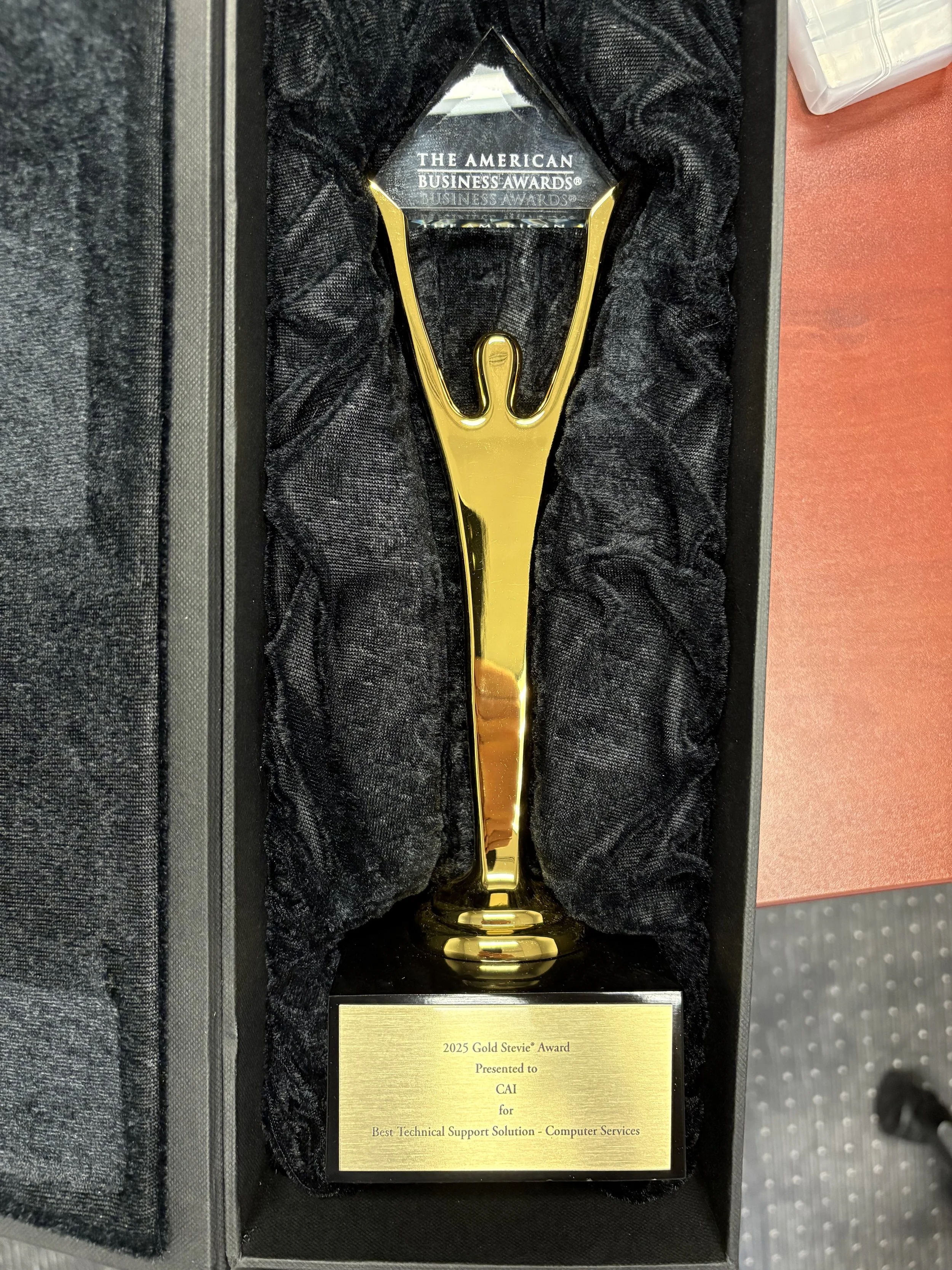 Gold Stevie Award trophy with black base and plaque, inside a presentation box, awarded for Best Technical Support Solution in Computer Services at the 2025 American Business Awards.