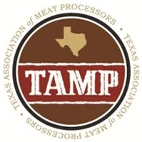 Tampa Texas Meat Association logo featuring a brown circular design with a white Texas shape at the top and the word 'TAMP' in bold white letters across the center.