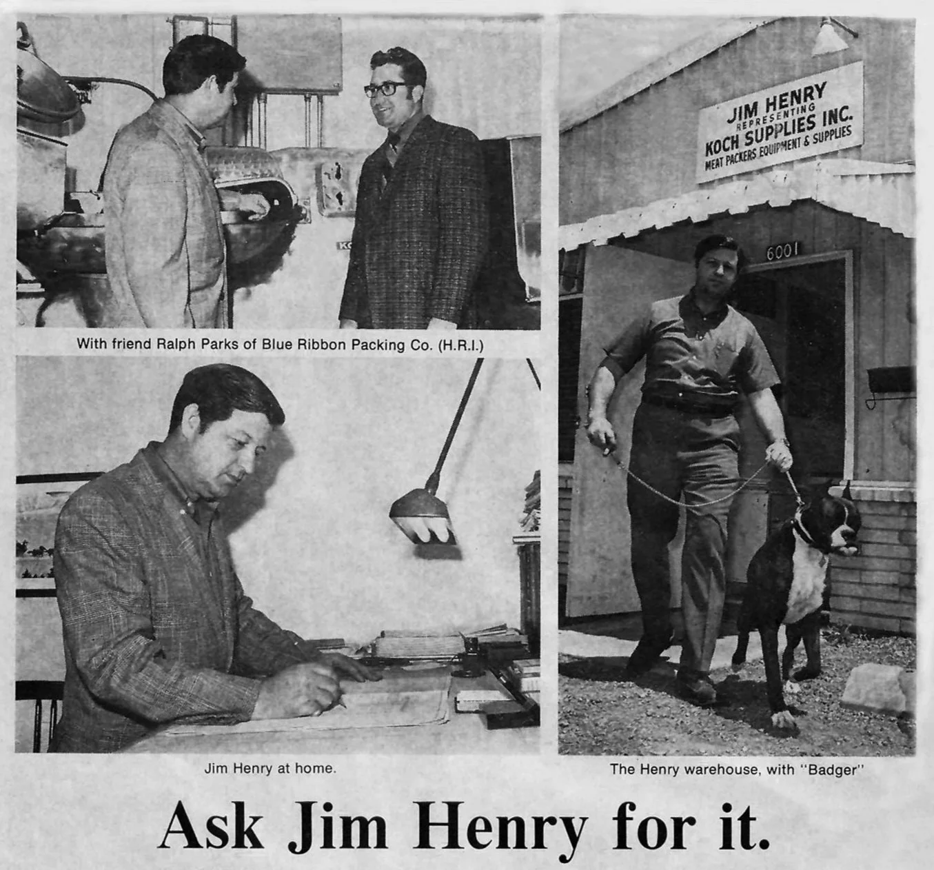 Black-and-white photo collage featuring three scenes: top left shows Ralph Parks of Blue Ribbon Packing Co. smiling and talking to a man in an office or factory setting; bottom left shows Jim Henry at home working on a document or drawing at a desk w