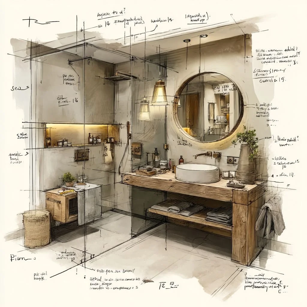 A detailed sketch and rendering of a modern bathroom interior with handwritten notes, featuring a round mirror, wooden vanity, vessel sink, hanging pendant lights, and various toiletries and decorative items.