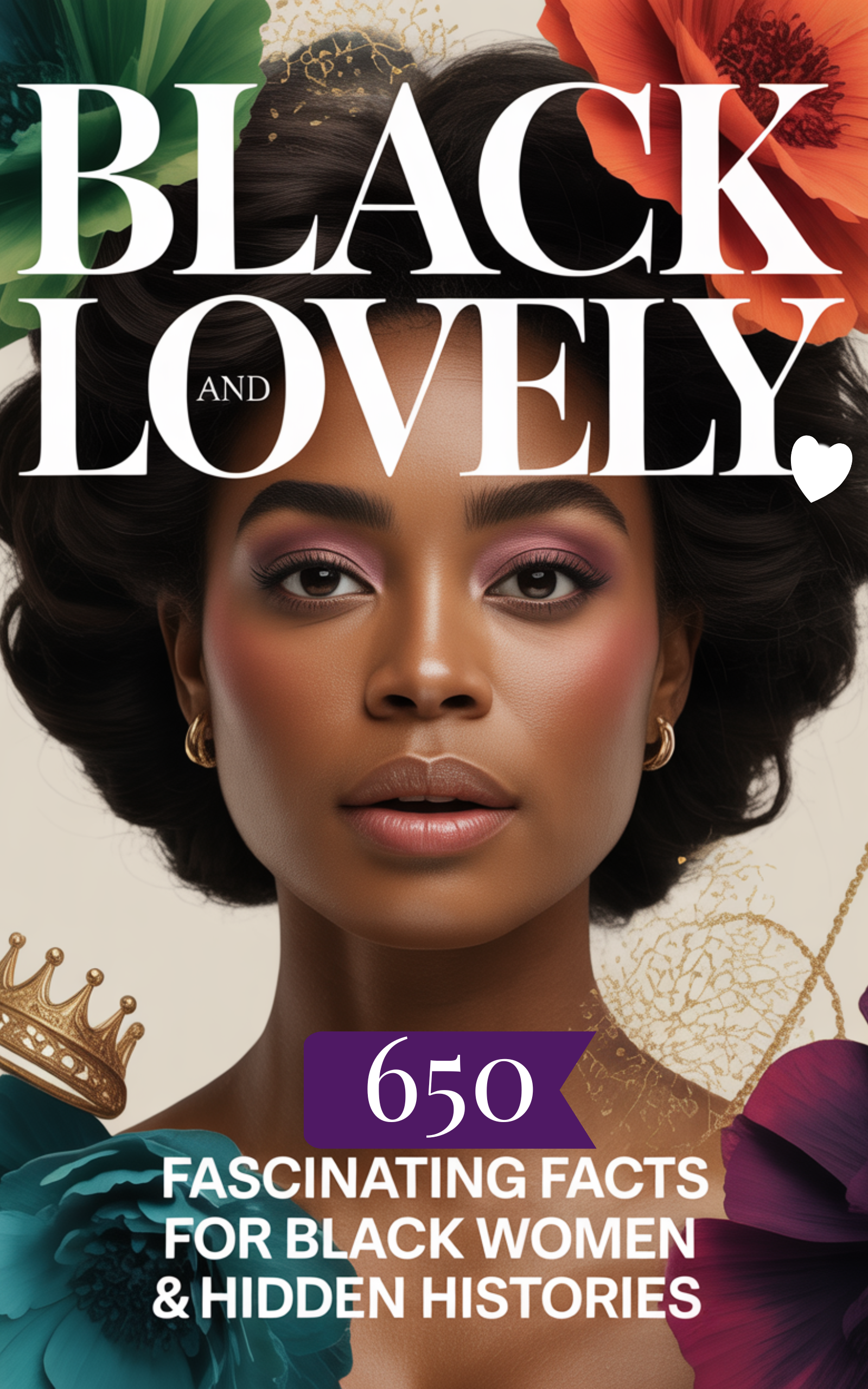 Black and Lovely 650 Fascinating Facts book cover, featuring Black woman, with elegant purple tones and bold typography celebrating Black culture, history, and learning