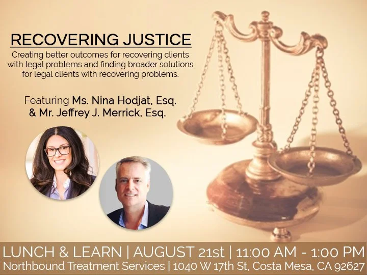 A promotional flyer for a legal event titled 'Recovering Justice,' featuring images of two speakers, Ms. Nina Hodjat, Esq., and Mr. Jeffrey J. Merrick, Esq. The flyer includes an illustration of balanced scales of justice and details about a lunch an