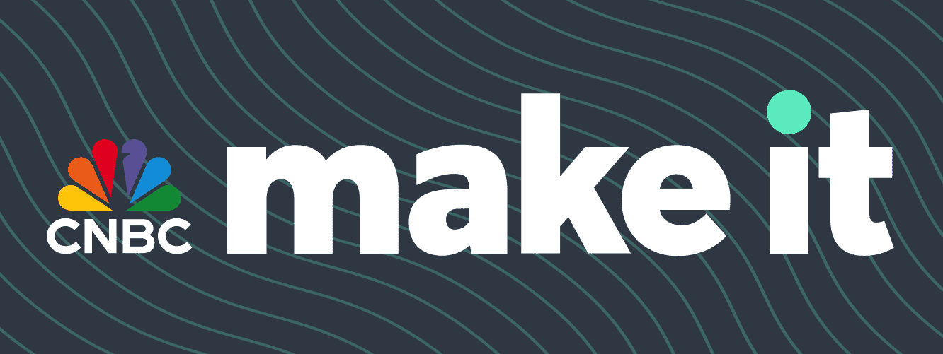 CNBC Make It logo on a dark background with wavy lines.