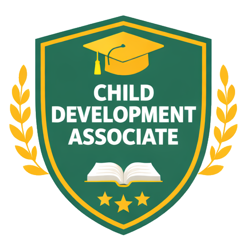 Shield emblem with a green background, featuring a graduation cap, open book, and gold laurel branches. It has the text 'Child Development Associate' and three stars at the bottom.
