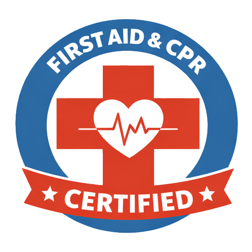 Badge with blue circle and red cross, featuring a heart with a heartbeat line in the center. Text reads "First Aid & CPR Certified."
