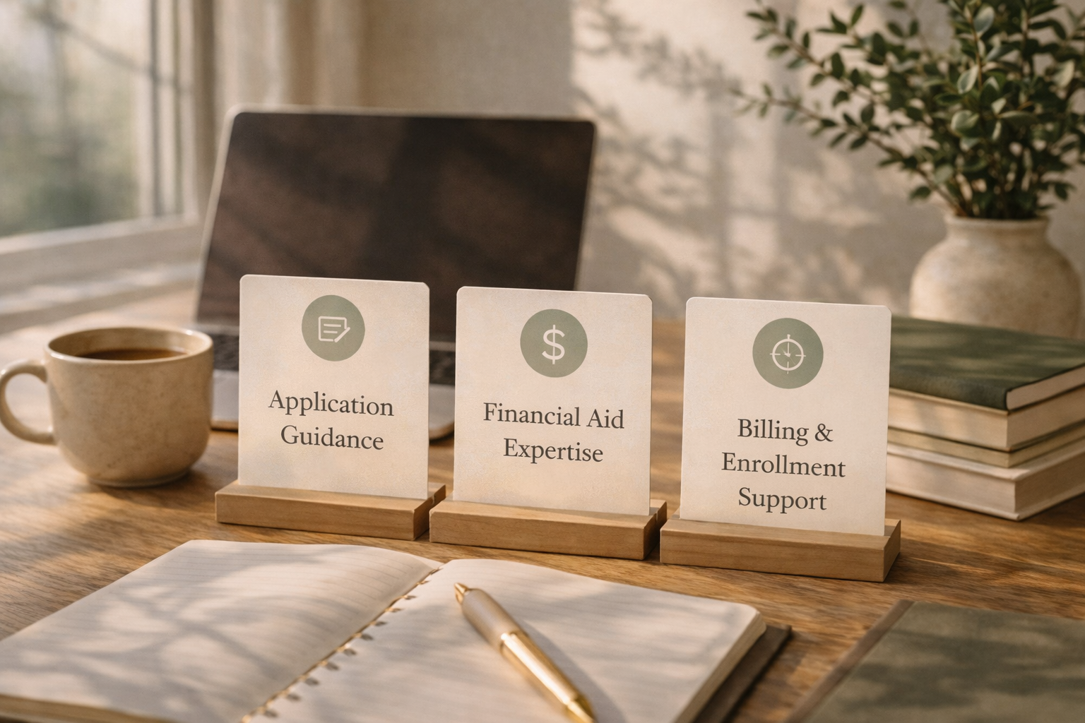 Desk with coffee mug, open notebook with pen, three informational signs on wooden stands labeled 'Application Guidance,' 'Financial Aid Expertise,' and 'Billing & Enrollment Support,' stack of books, laptop, and potted plant, sunlight coming through window.