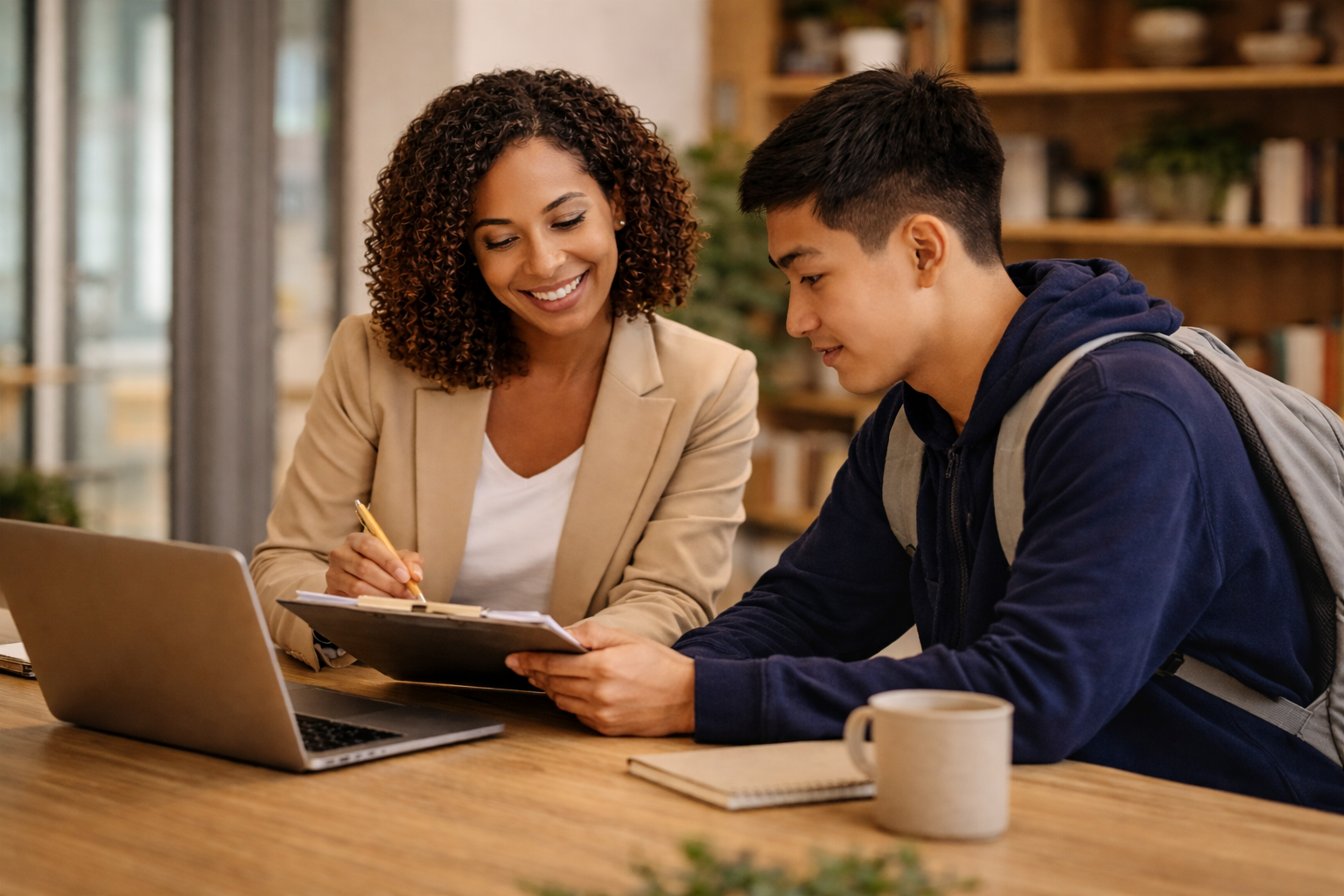 A woman and a young man sitting at a table in a cozy, well-lit library or coffee shop, looking at a tablet together, with a laptop and coffee mug on the table.