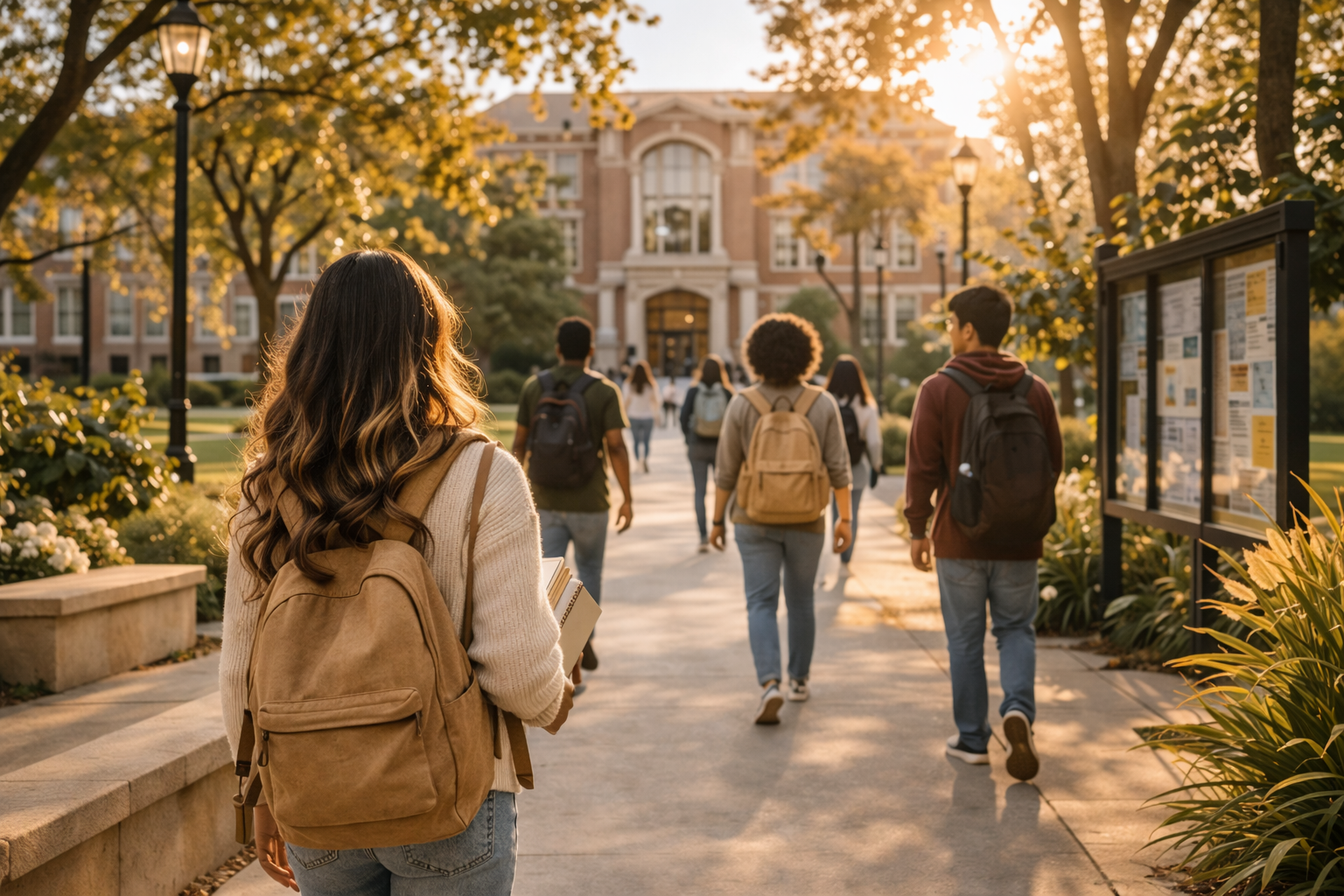 Students with backpacks walking toward a university building on campus during sunset.