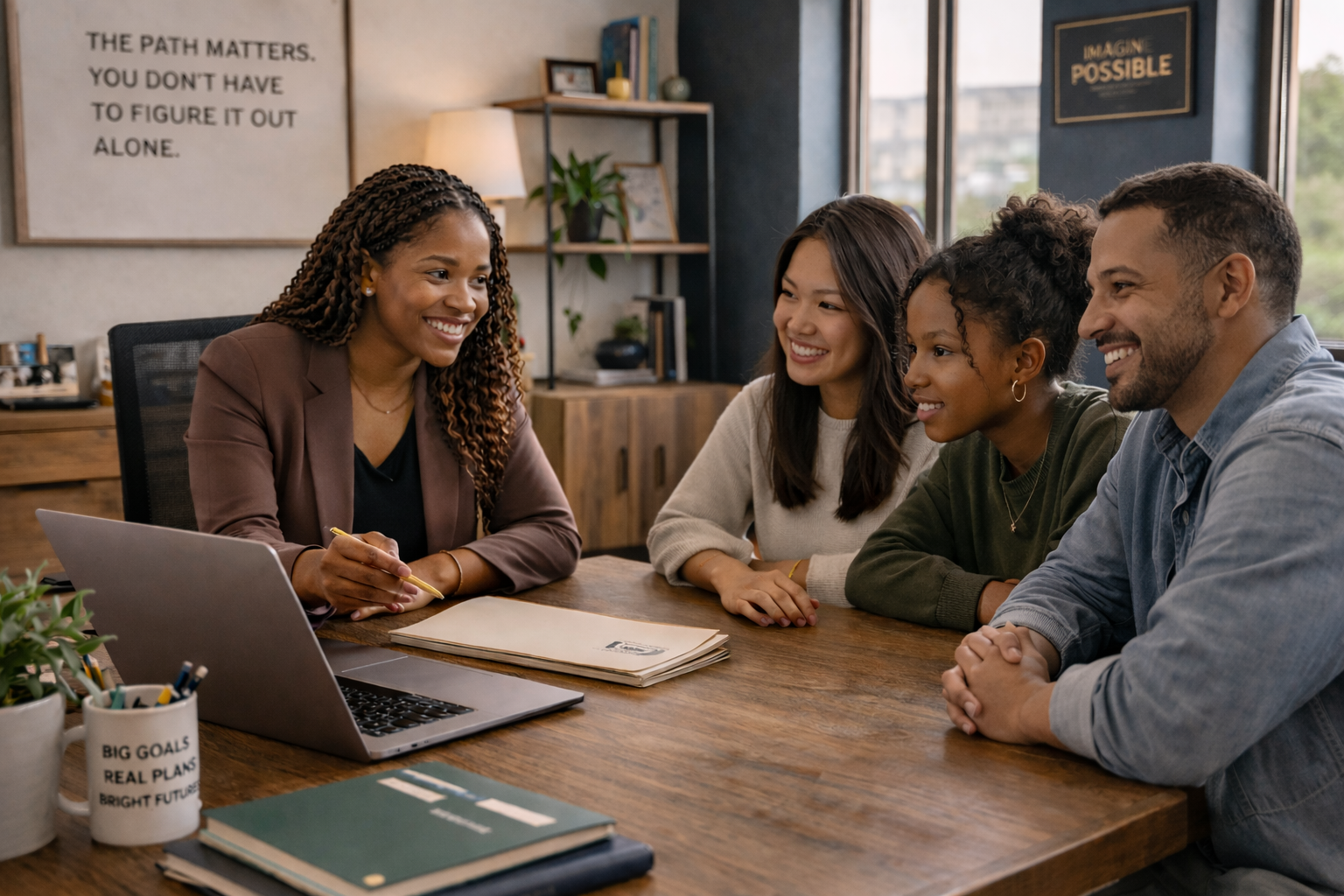 Businesswoman leading a meeting with three women and a man in a modern office, smiling and engaged in conversation, with motivational quotes on the wall.