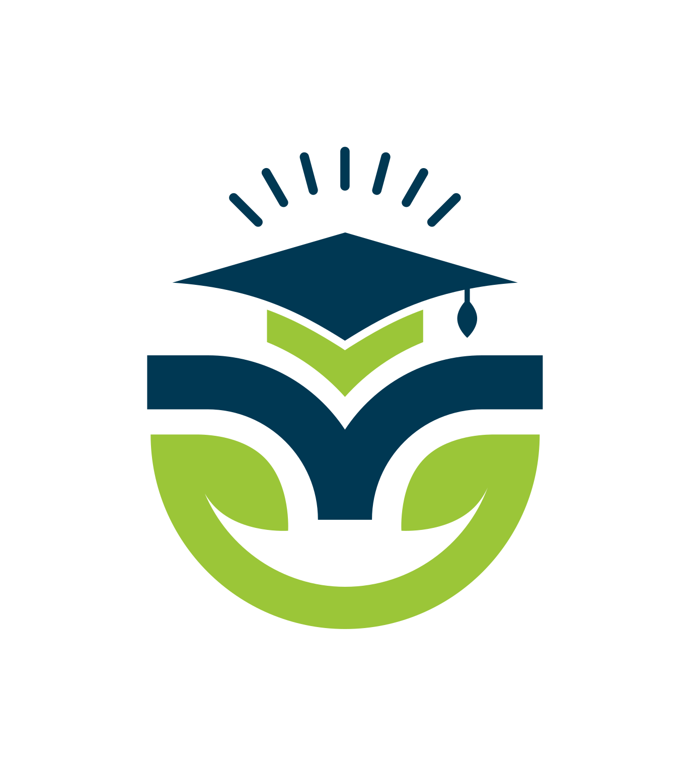 Logo with a stylized open book, leaves, and a graduation cap.
