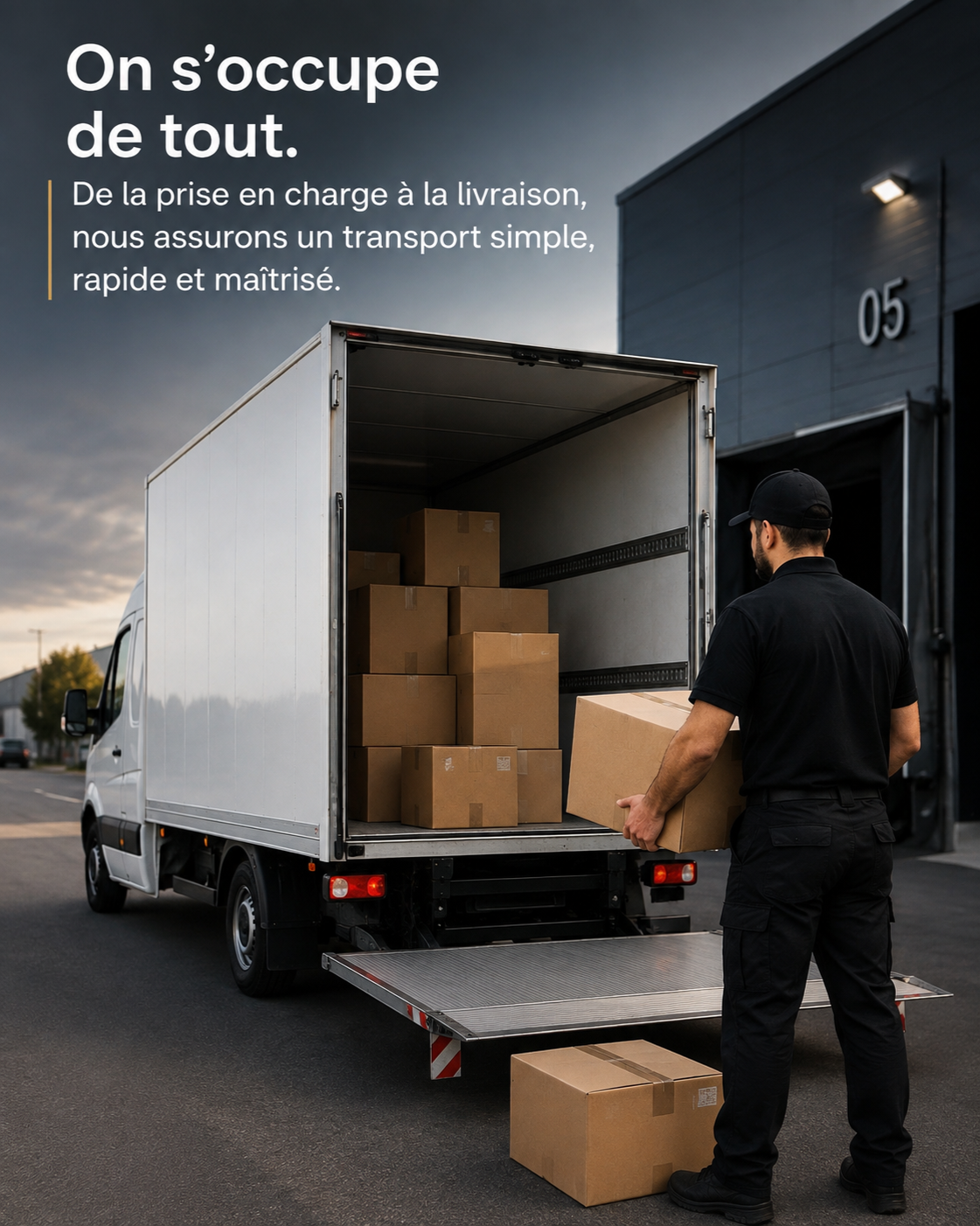 Un homme en uniforme décharge des boîtes en carton d'un camion de livraison dans une zone industrielle.