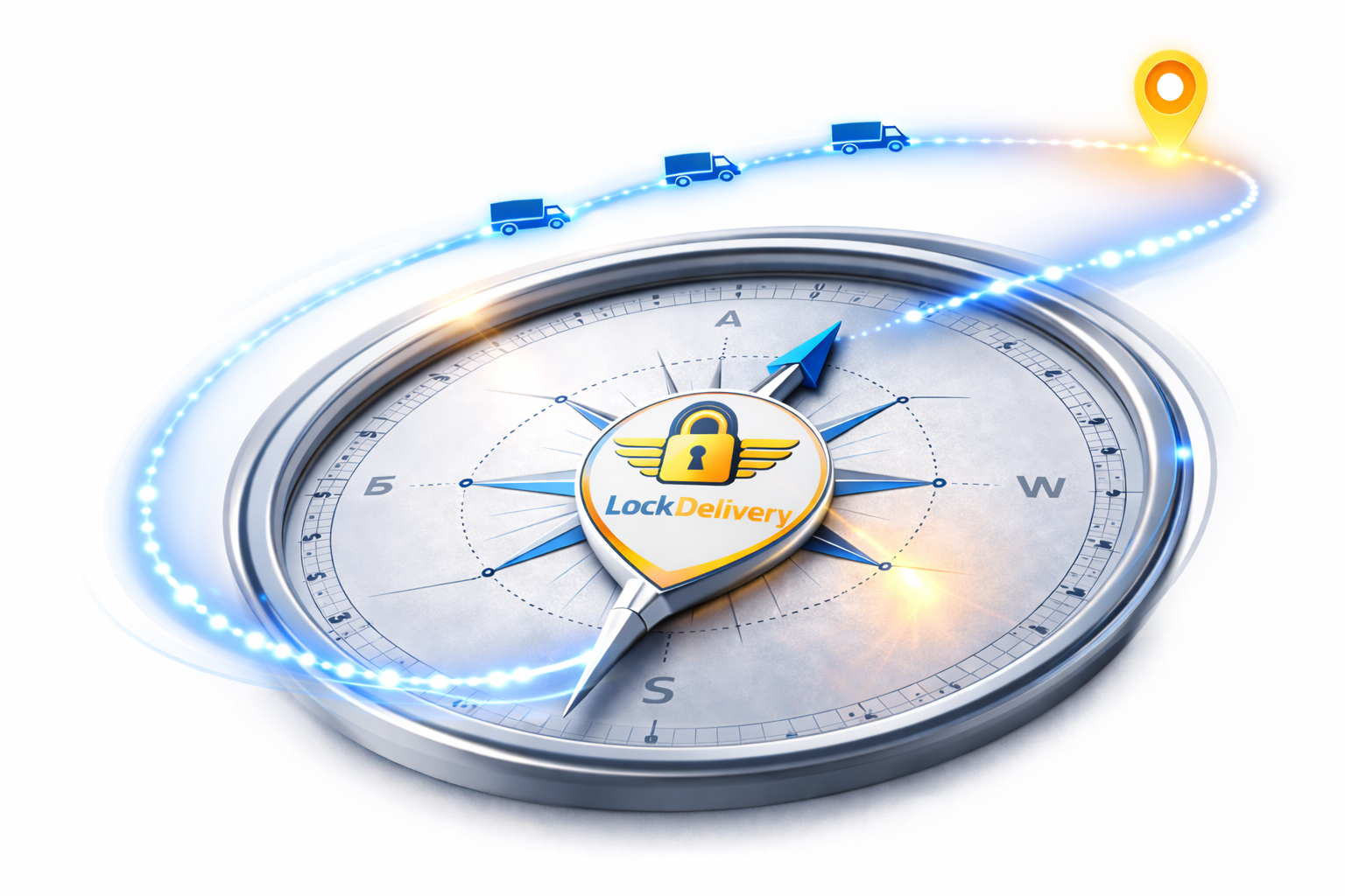 Une boussole moderne avec le logo 'LockDelivery' au centre, montrant un itinéraire de livraison avec des camions et une destination avec une épingle sur une carte