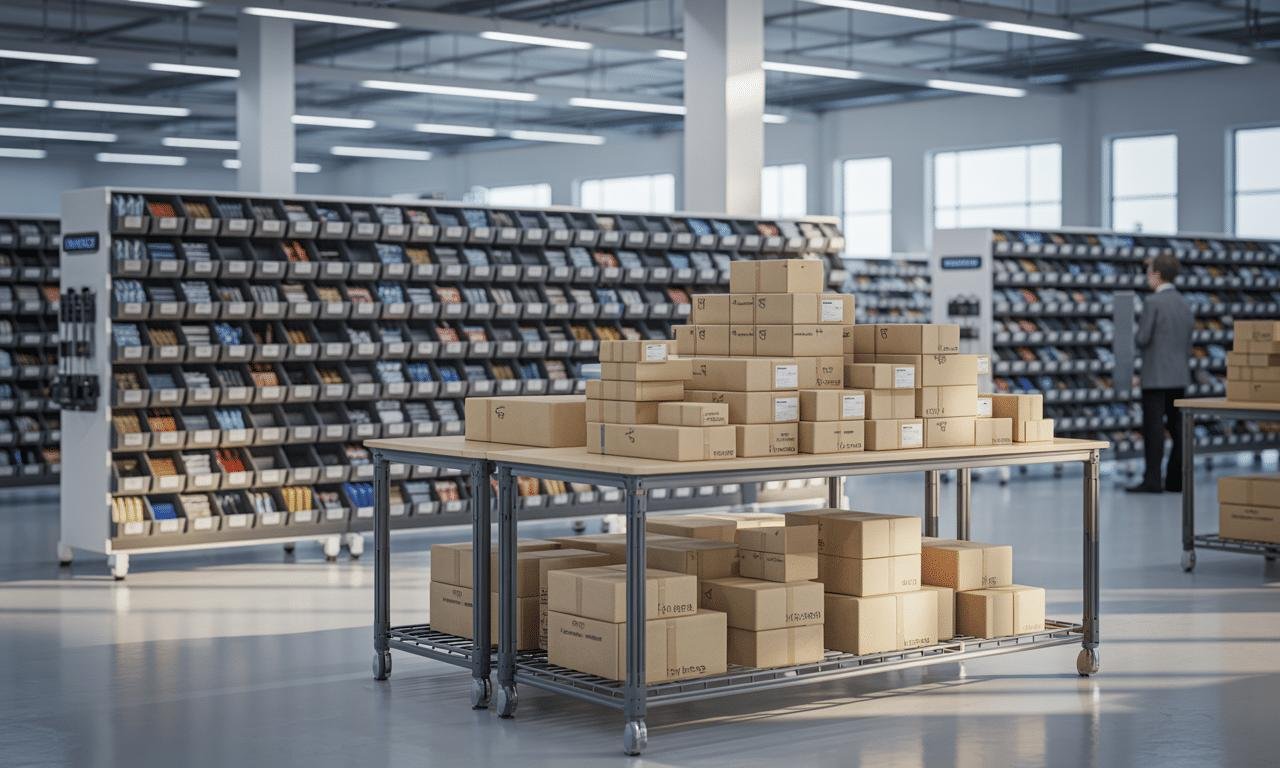 Un entrepôt moderne avec des étagères remplies de boîtes et des tables avec des paquets en carton.