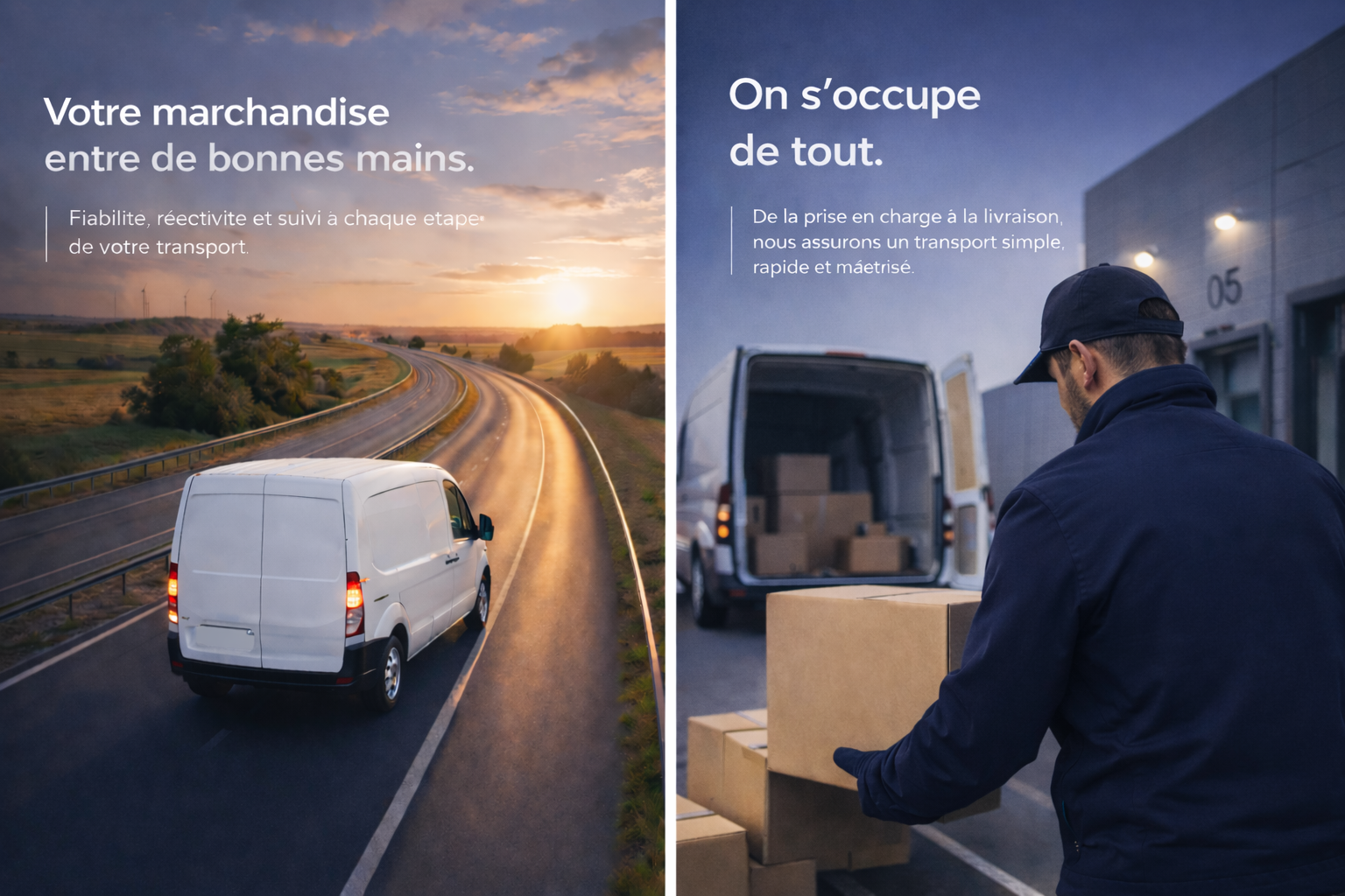 Une voiture de livraison blanche sur une route au coucher du soleil à gauche, un livreur chargé de colis devant un camion de livraison à droite.