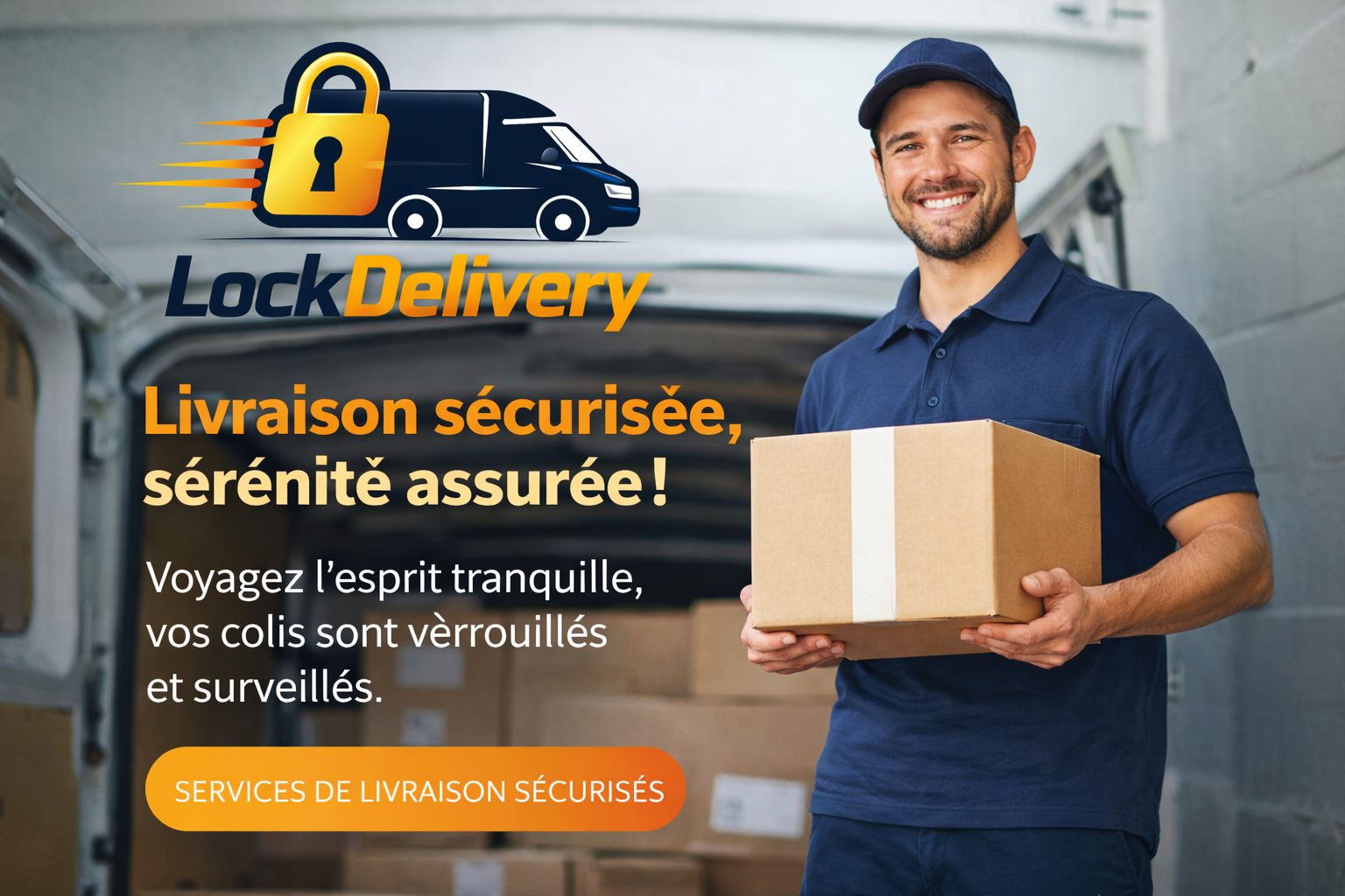 Livreur souriant tenant un colis dans un entrepôt, promotion d'un service de livraison sécurisé.