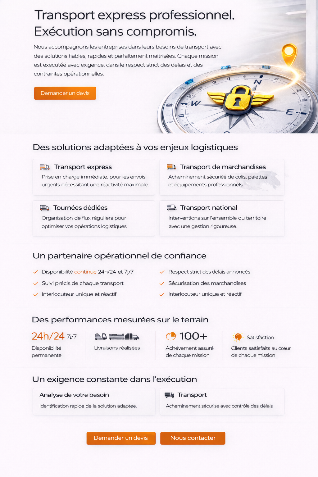 Page de publicité pour un service de transport express professionnel, avec un cadran de boussole et un cadenas à wings sur une carte avec un pin d'emplacement. Présentation des solutions logistiques et des avantages du partenaire.
