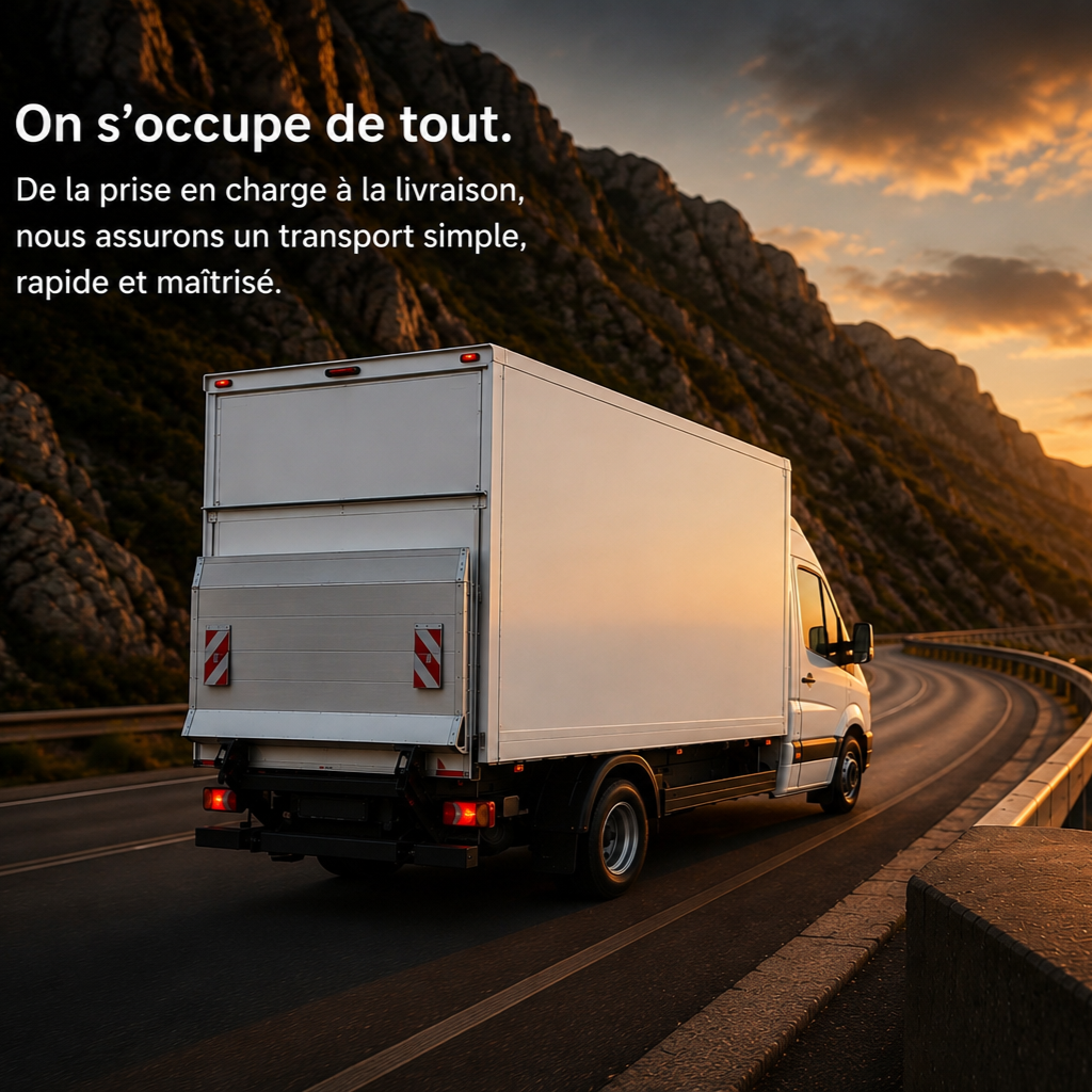 Un camion blanc sur une route de montagne au coucher du soleil.