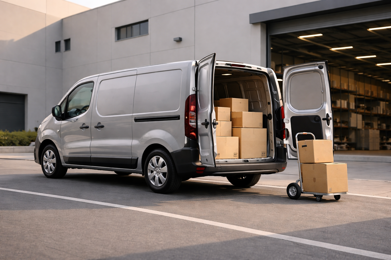 Véhicule utilitaire gris avec son porte arrière ouvert, rempli de cartons, avec une dolly à côté chargé de cartons, devant un entrepôt