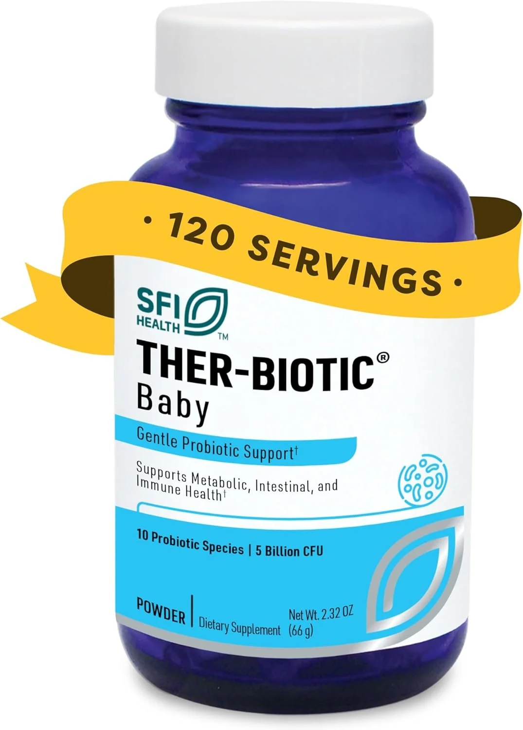 A blue bottle of Theriotic Baby probiotic supplement with a white cap, labeled as supporting metabolic, intestinal, and immune health, providing 120 servings.