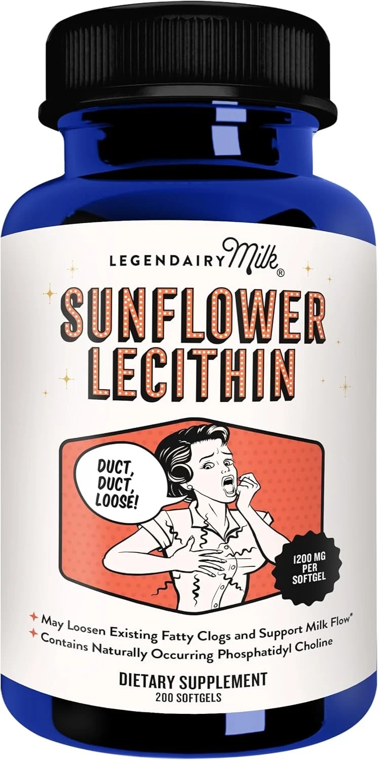 Bottle of Sunflower Lecithin dietary supplement by Legendairy Milk, featuring a vintage comic style illustration of a woman coughing and holding her stomach, with a speech bubble saying "DUCT, DUCT, LOOSE!" and a black badge indicating 1200 mg per softgel.