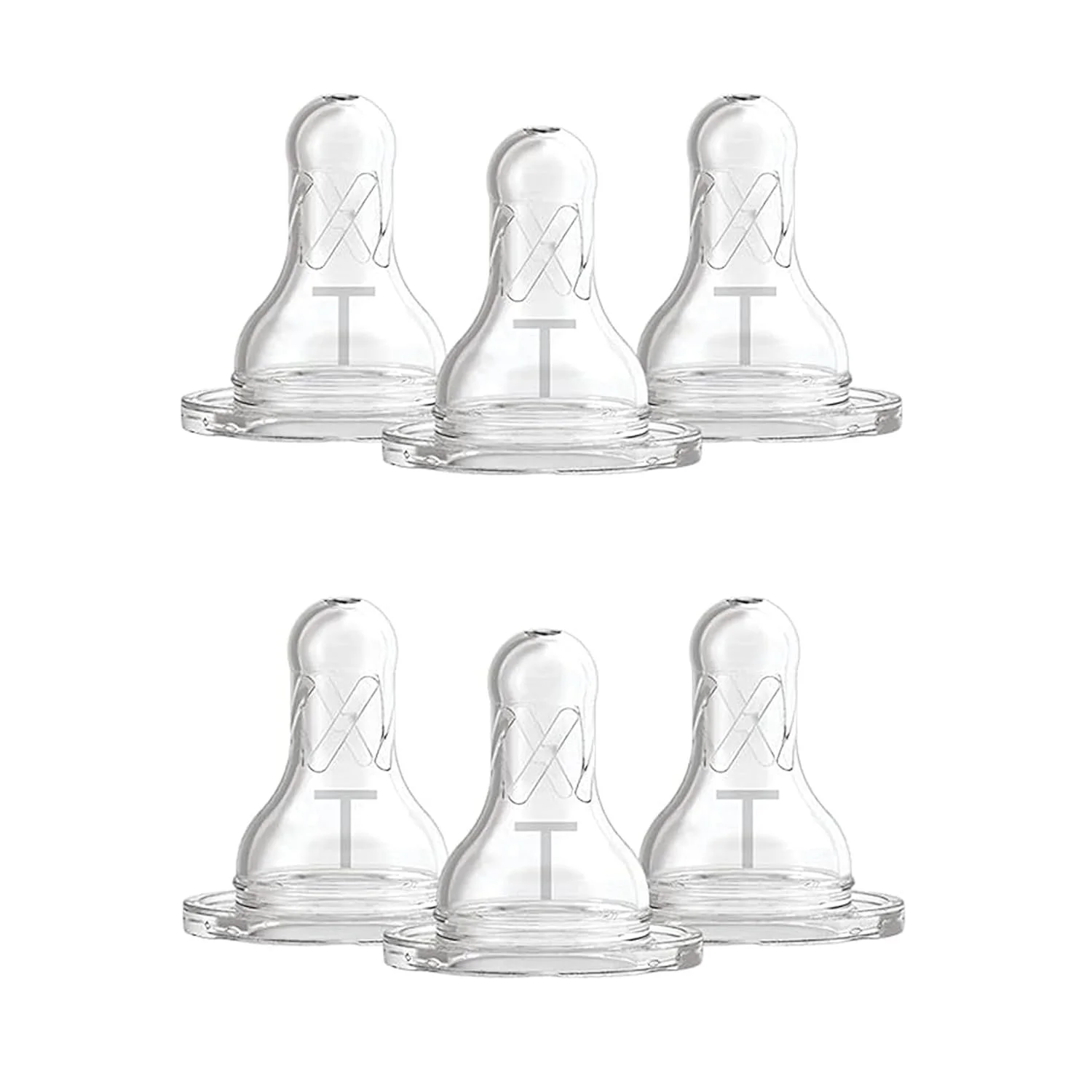 Six transparent baby bottle nipples arranged in two rows of three on a white background.