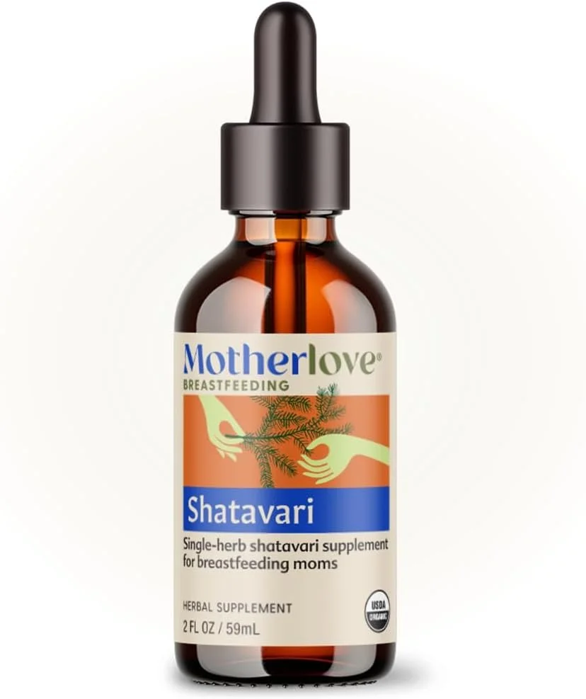 A brown glass bottle with a dropper cap containing Motherlove Shatavari herbal supplement for breastfeeding moms, with a white label featuring green, orange, and blue text and graphics.