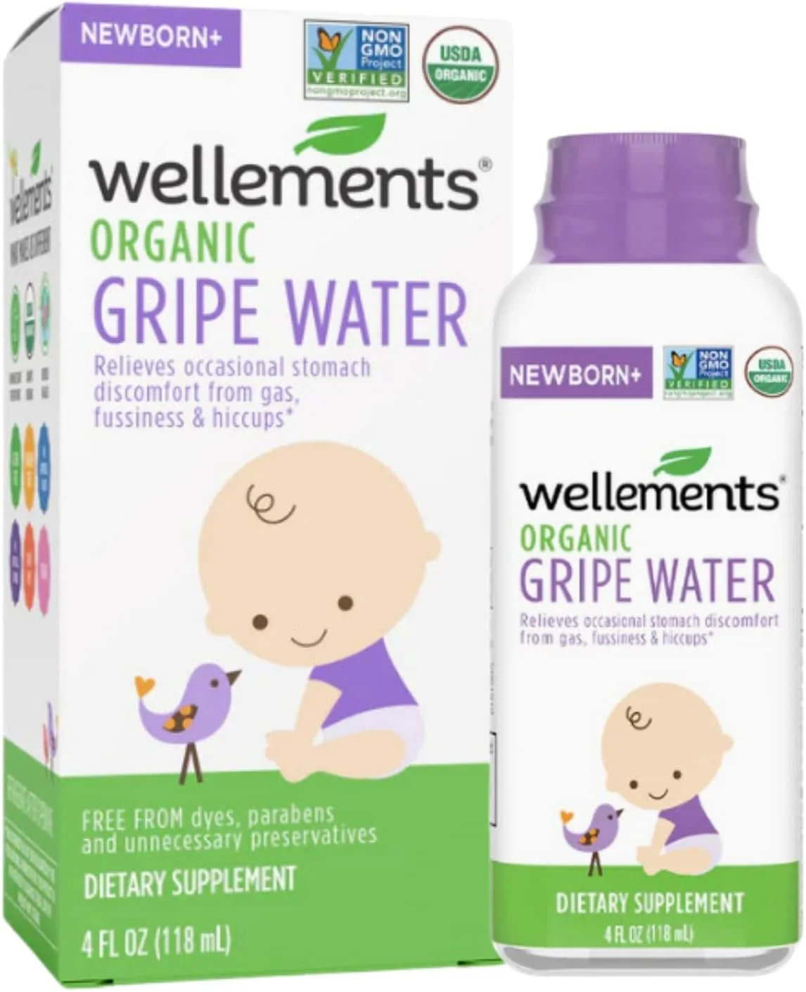 Box and bottle of Welllements Organic Grape Water dietary supplement for newborns, with labels indicating non-GMO verified, USDA organic, and free from dyes, parabens, and preservatives, featuring a baby illustration and a bird