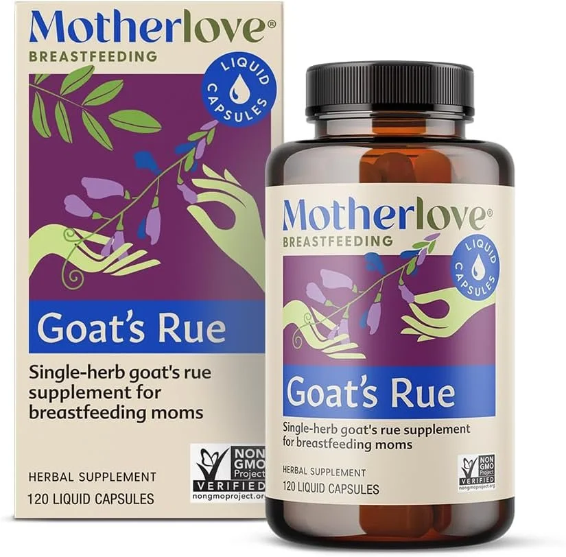Bottle and box of Motherlove Goat's Rue breastfeeding supplement tablets with purple, green, and blue labels, and an illustration of a hand holding a sprig of goat's rue plant.