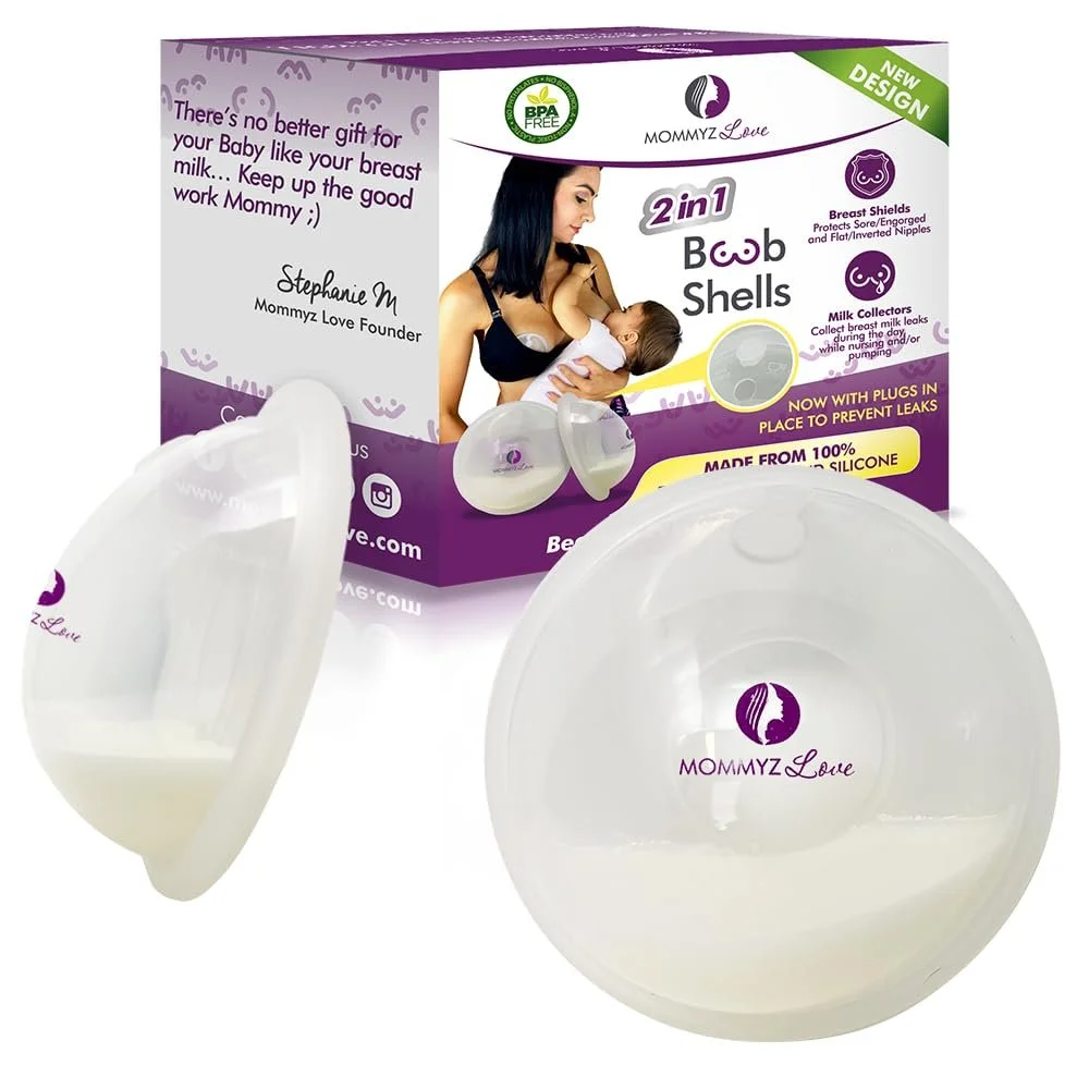 Two breast milk storage bags with Mommyz Love logo and a purple and white box packaging with a woman breastfeeding a baby, advertising 2-in-1 breast shells for breast protection and leaks collection.